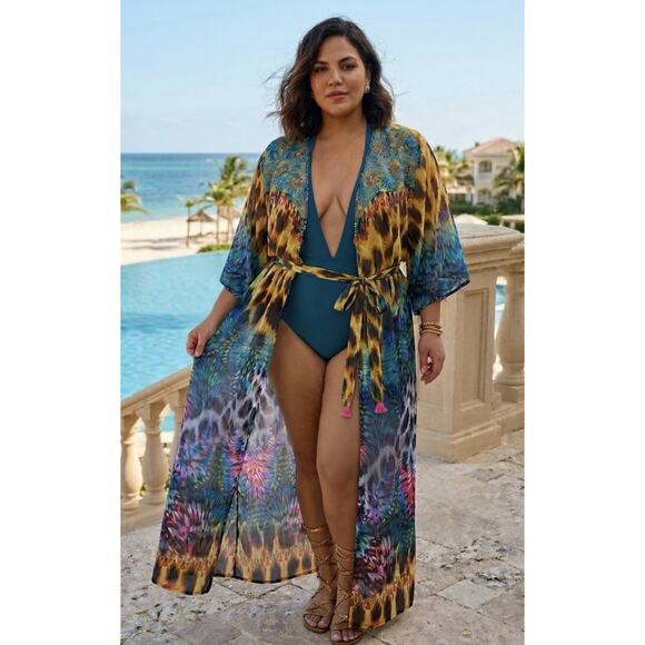 Venus Other - Boho Maxi Kimono Kaftan Women Leopard Butterfly Print Sheer Beaded Cover Up L/XL